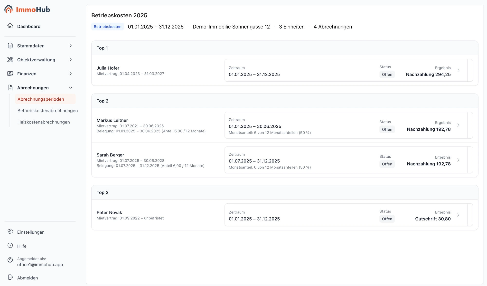 Abrechnungsperiode Betriebskosten 2025 in ImmoHub mit allen Einheiten, Mietern, anteiligen Monaten, Status und Ergebnis je Abrechnung