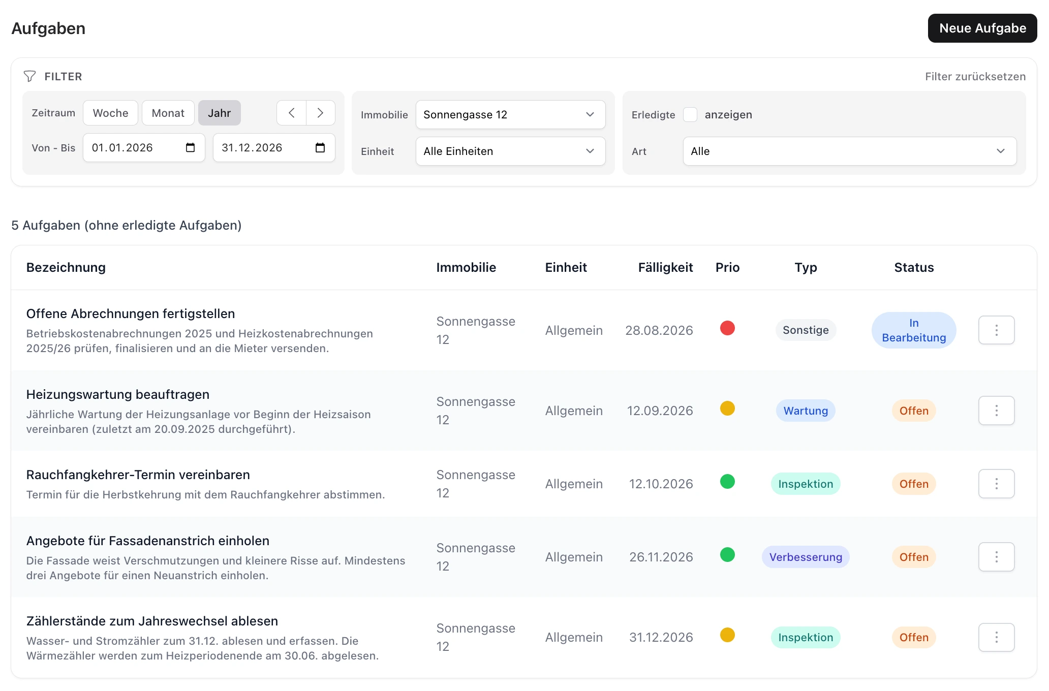 Aufgabenliste in ImmoHub mit Fälligkeit, Priorität, Typ und Status