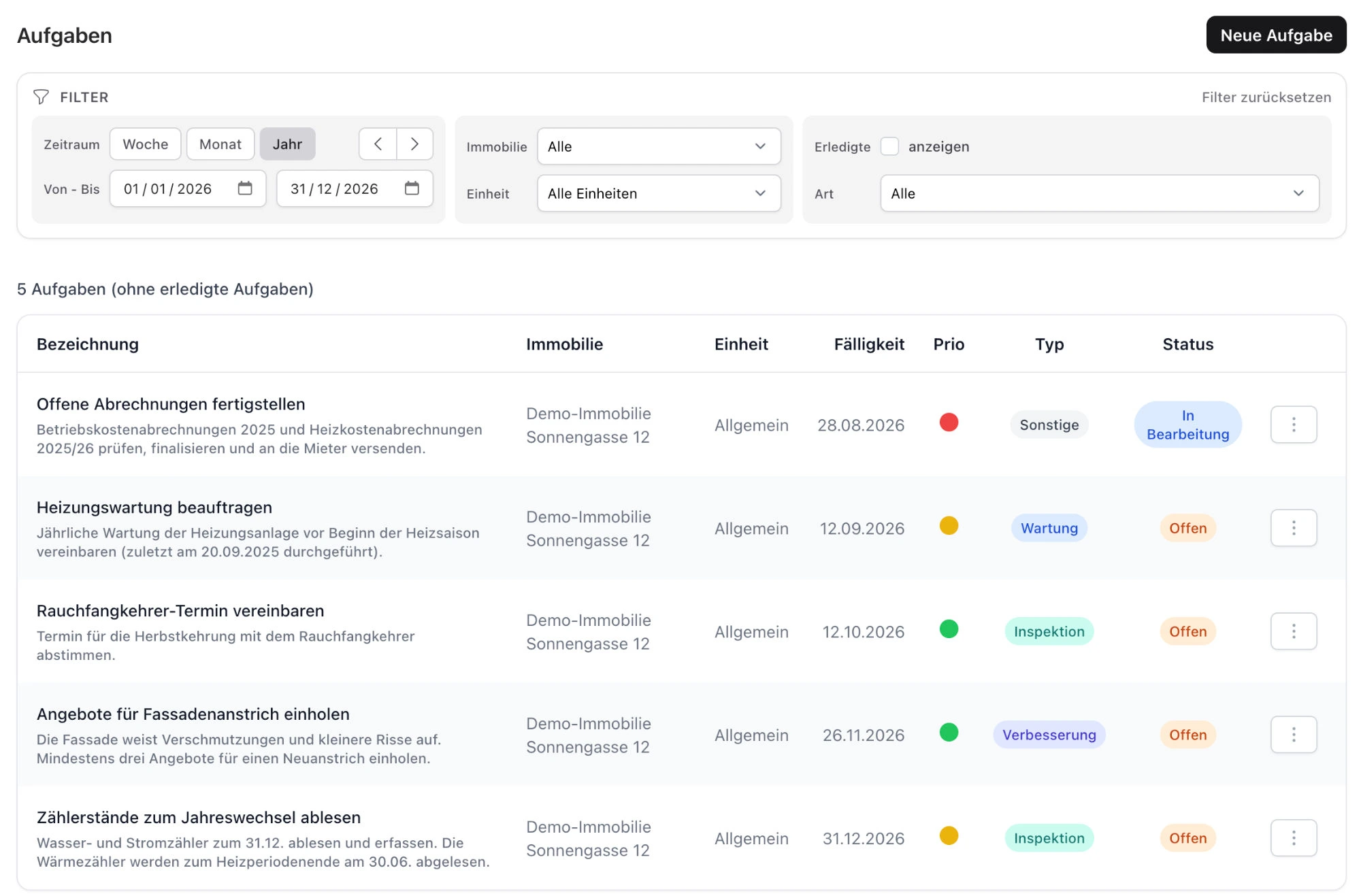 Aufgabenliste in ImmoHub mit Fälligkeit, Priorität, Typ und Status