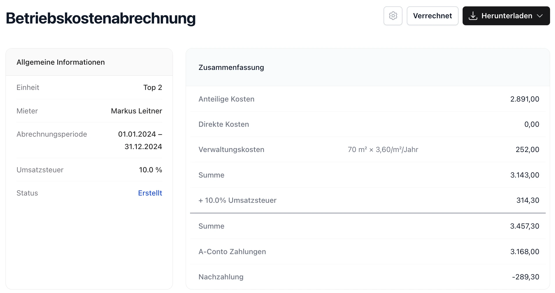 Betriebskostenabrechnung in ImmoHub mit Kosten, Vorauszahlungen und Ergebnis