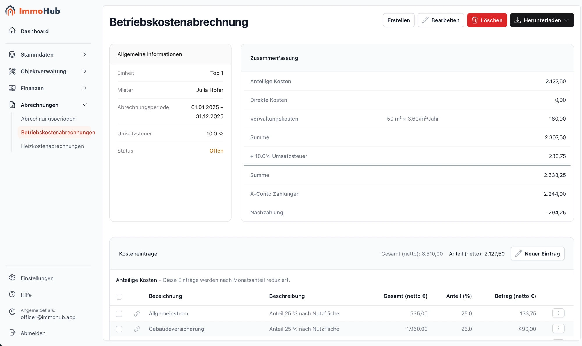 Betriebskostenabrechnung in ImmoHub mit Kosten, Vorauszahlungen und Ergebnis