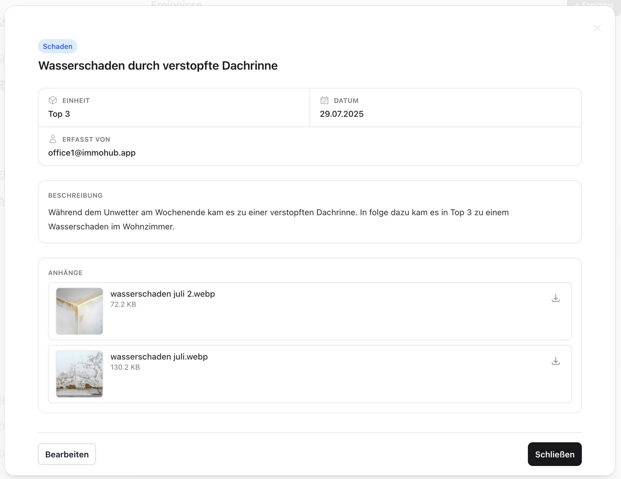 ImmoHub Ereignis vom Typ Schaden mit Einheit, Datum, Beschreibung des Wasserschadens und angehängten Schadensfotos