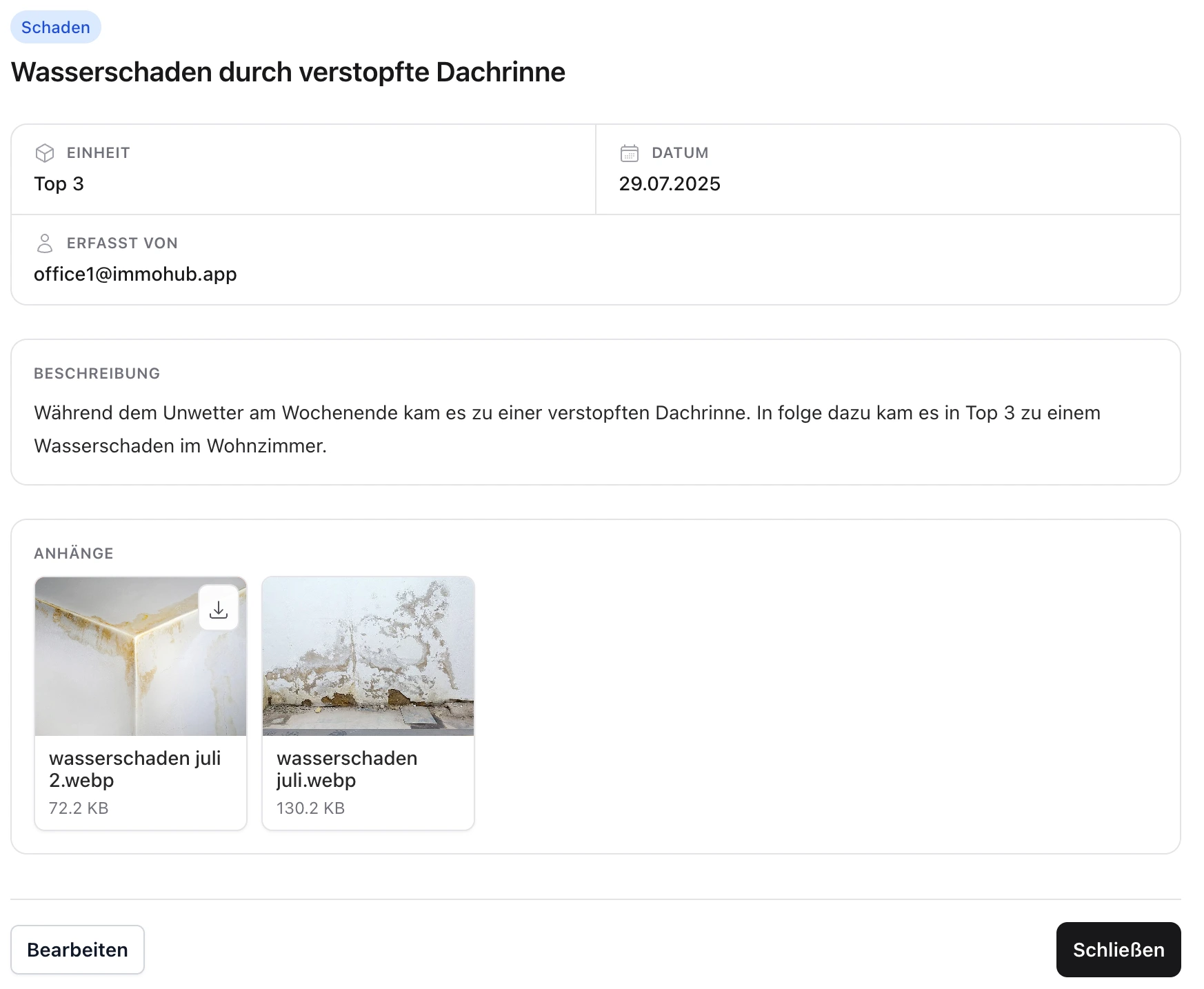 ImmoHub Ereignis vom Typ Schaden mit Einheit, Datum, Beschreibung des Wasserschadens und angehängten Schadensfotos