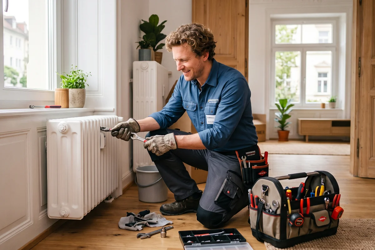 Handwerker führt eine dokumentierte Reparatur in einer Mietwohnung durch
