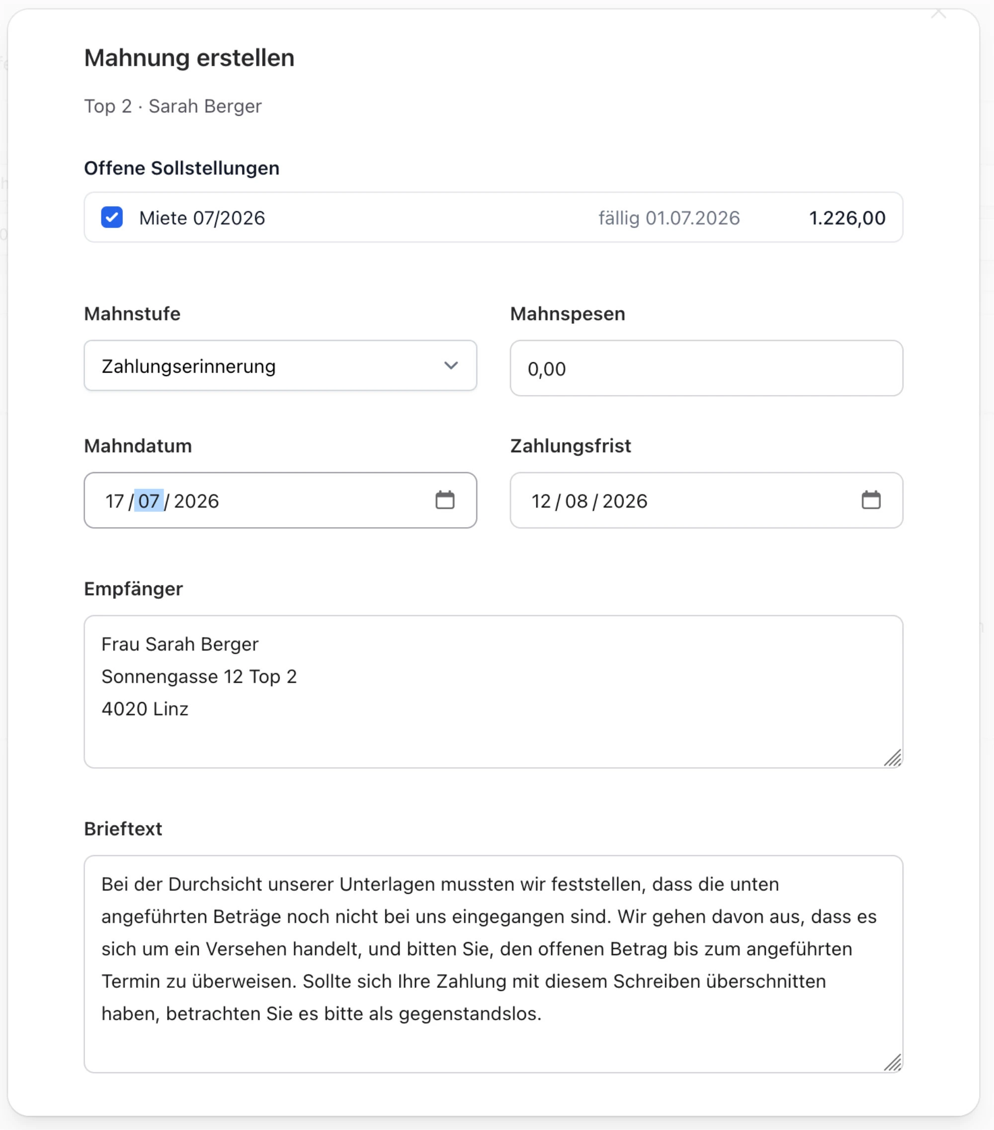 Dialog Mahnung erstellen in ImmoHub mit Auswahl der offenen Sollstellung, Mahnstufe, Mahnspesen, Mahndatum, Zahlungsfrist, Empfänger und Brieftext