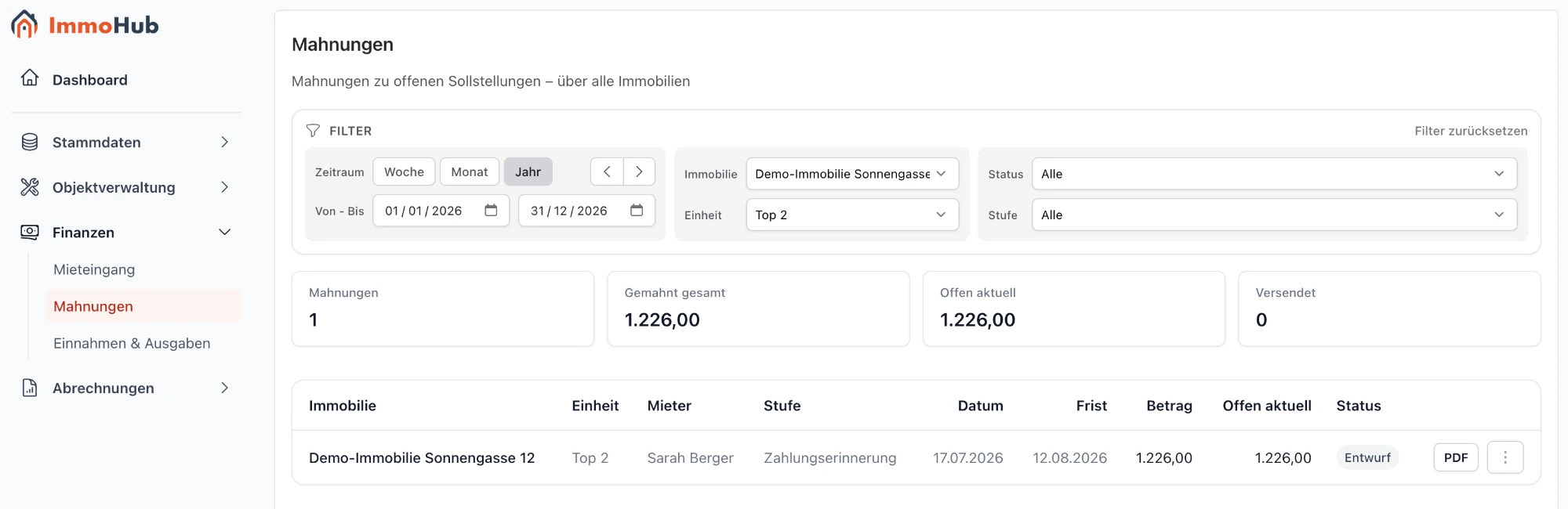 Mahnungsübersicht in ImmoHub mit Mahnstufe, Mahndatum, Zahlungsfrist, Betrag, aktuell offenem Betrag und Status je Mahnung