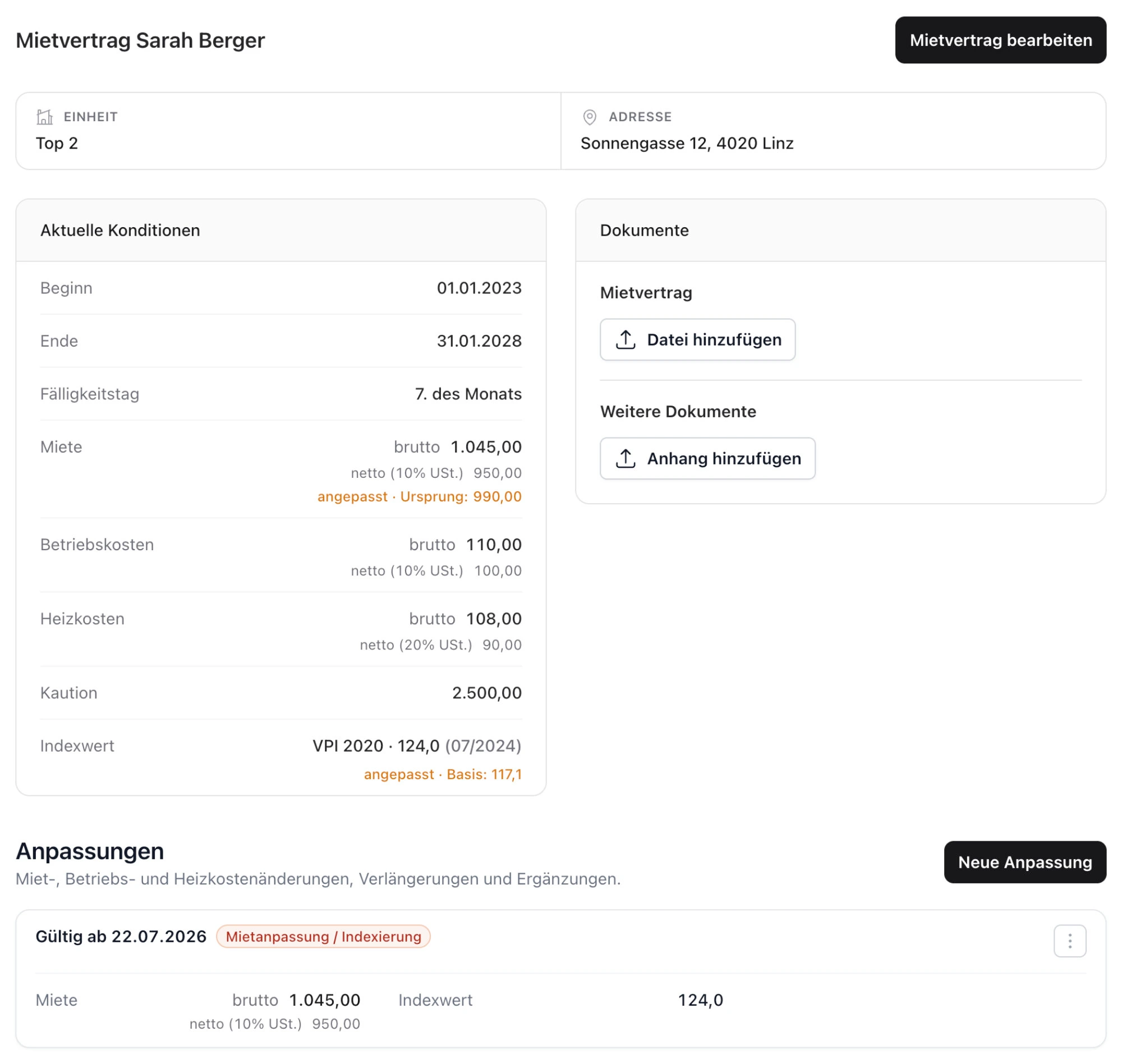 Mietvertragsdetails in ImmoHub mit Laufzeit, Fälligkeitstag, Miete, Betriebs- und Heizkostenvorauszahlungen, Kaution, VPI-Indexwert und dokumentierten Anpassungen