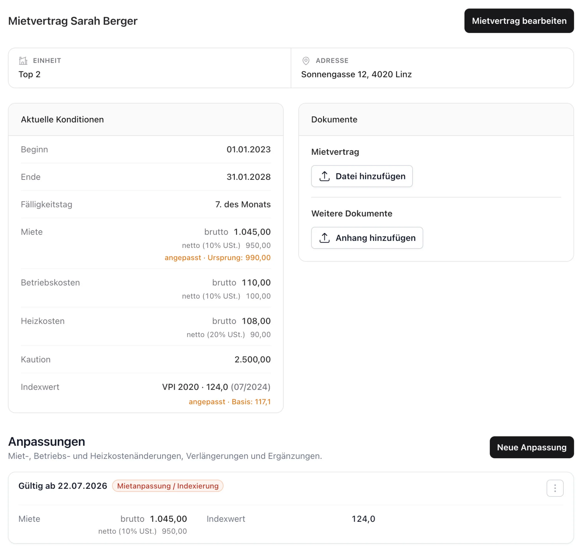 ImmoHub Mietvertragsdetails mit Laufzeit, Miete, Vorauszahlungen, Kaution, VPI-Indexwert und dokumentierter Mietanpassung