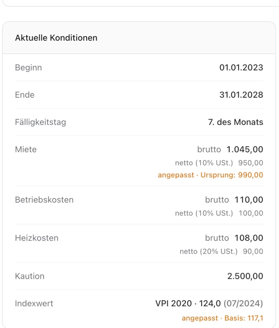 ImmoHub Mietvertragsdetails mit Laufzeit, Miete, Vorauszahlungen, Kaution, VPI-Indexwert und dokumentierter Mietanpassung